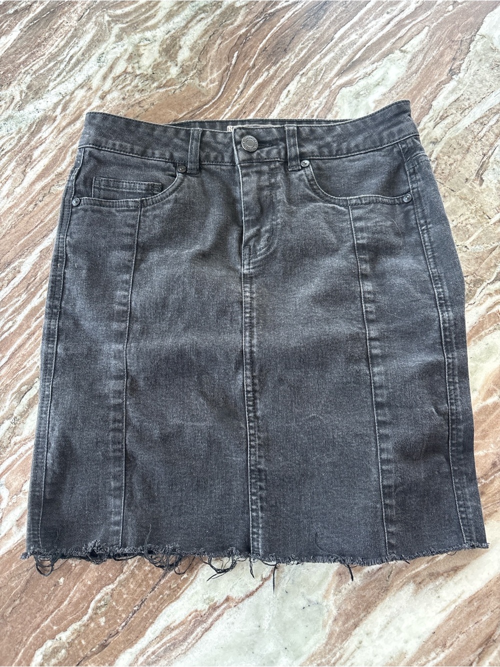 Women’s Washed Black Denim Skirt - Casual Raw Hem